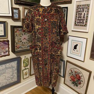 70s Vintage Lazy Day Brown Red Gold Corduroy Dress With Floral & Paisley Print